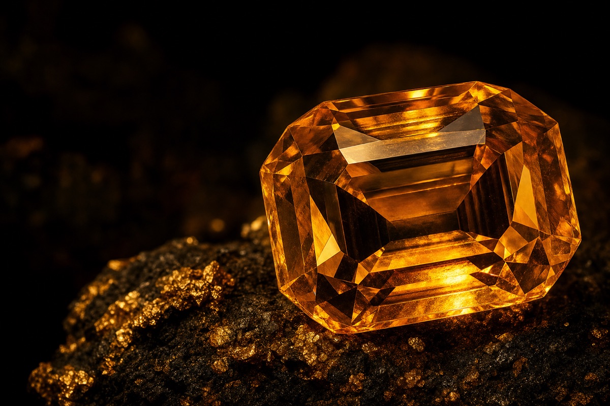 Topázio imperial dourado lapidado, brilhando sobre cascalho escuro de garimpo com pontos de ouro